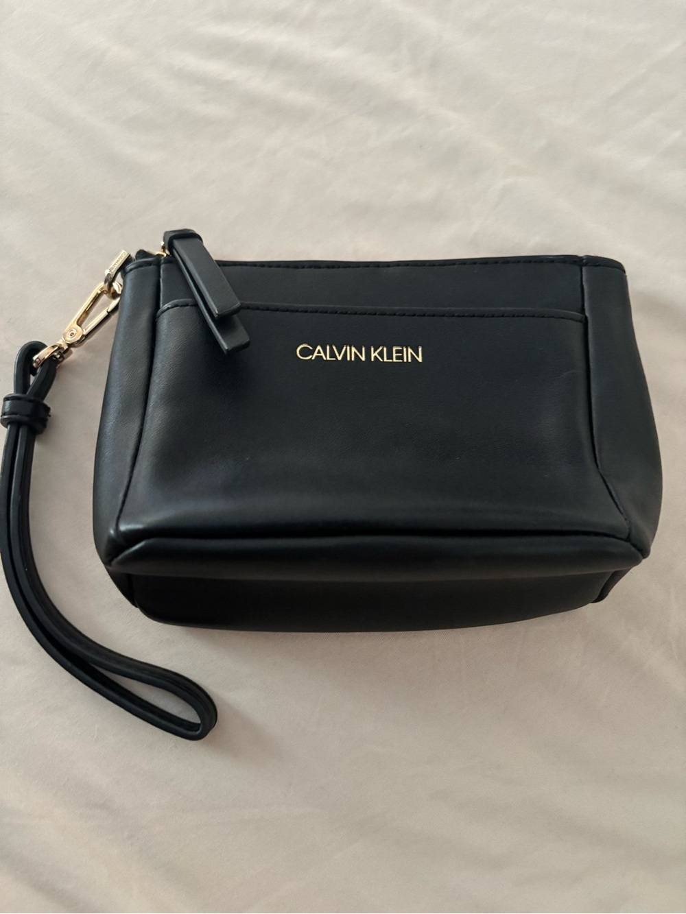 Calvin Klein Black Leather Wristlet Clutch with Gold Accent